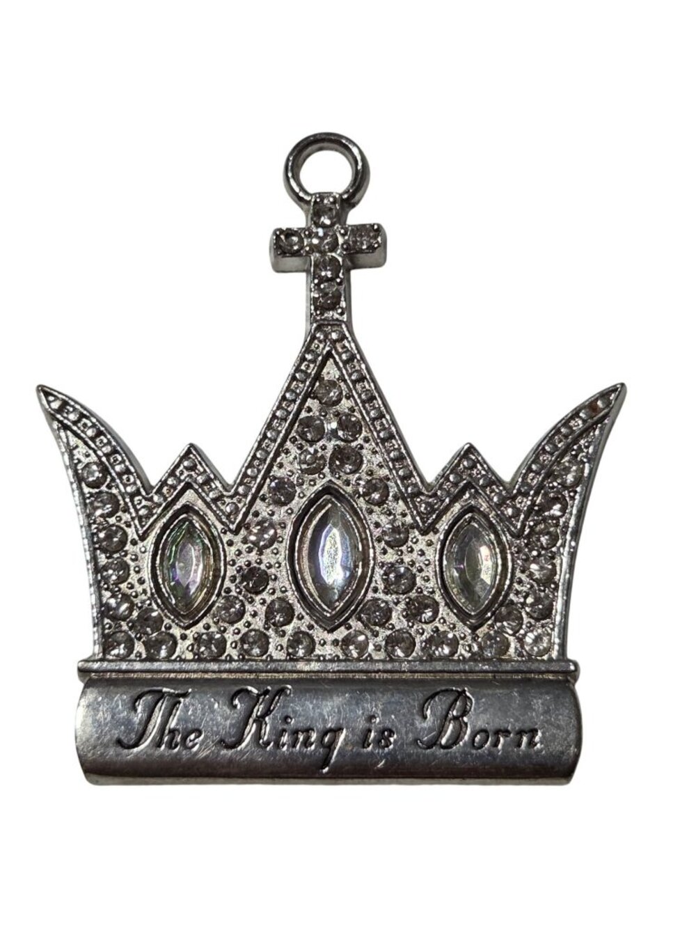 The King is Born Crown Pendant Rhinestone Engraved Silver Tone Religious Jewelry